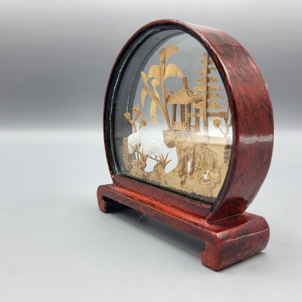 Vtg Chinese Hand Carved Cork Diorama Cranes Black Lacquer Art Stand 4" x 3.75" - Picture 5 of 16